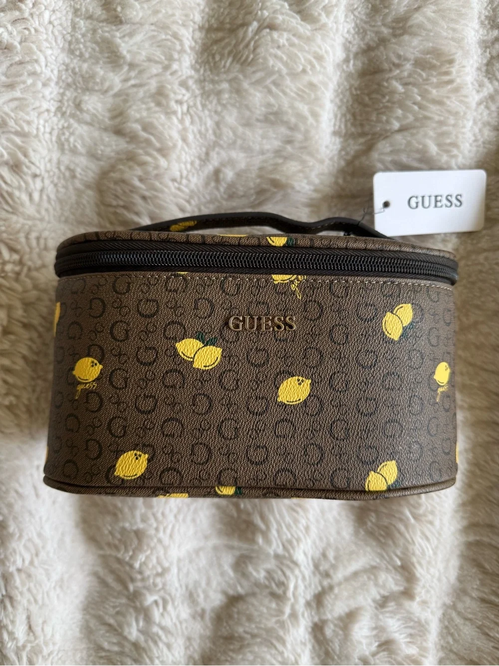 Guess Brown Cosmetic Train Case with Yellow Lemon Print